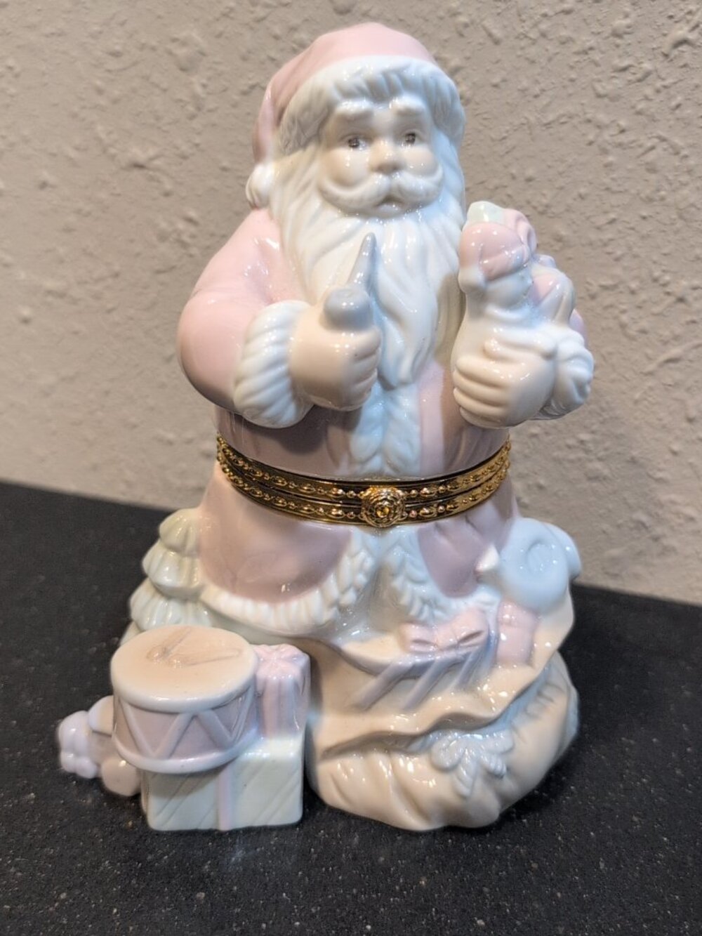Vintage Pastel Ceramic Santa Claus Figurine Trinket Box - Christmas Decor